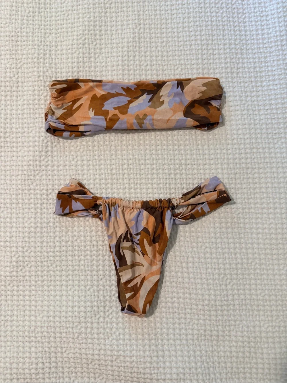 Stone Fox Swim Two-Piece Bandeau Bikini Set in Brown & Lavender Camo Size S
